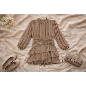 Gianni Bini Piper Ruched Tiered Ruffle Dress Taupe Driftwood Cocktail Size 12